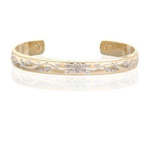 Flower Etched Two Tone Magnetic Bracelet Arthritis Pain Therapy Cuff Bangle